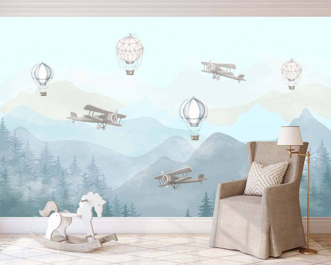Airplane Hot Air Balloon Wall Mural Wallpaper Peel and Stick Wallpaper ...