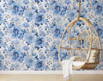 Blue Floral Wallpaper Peel and Stick Wallpaper Removable Traditional Pre-Pasted Self-Adhesive Nursery Large Scale Floral Mural FP472
