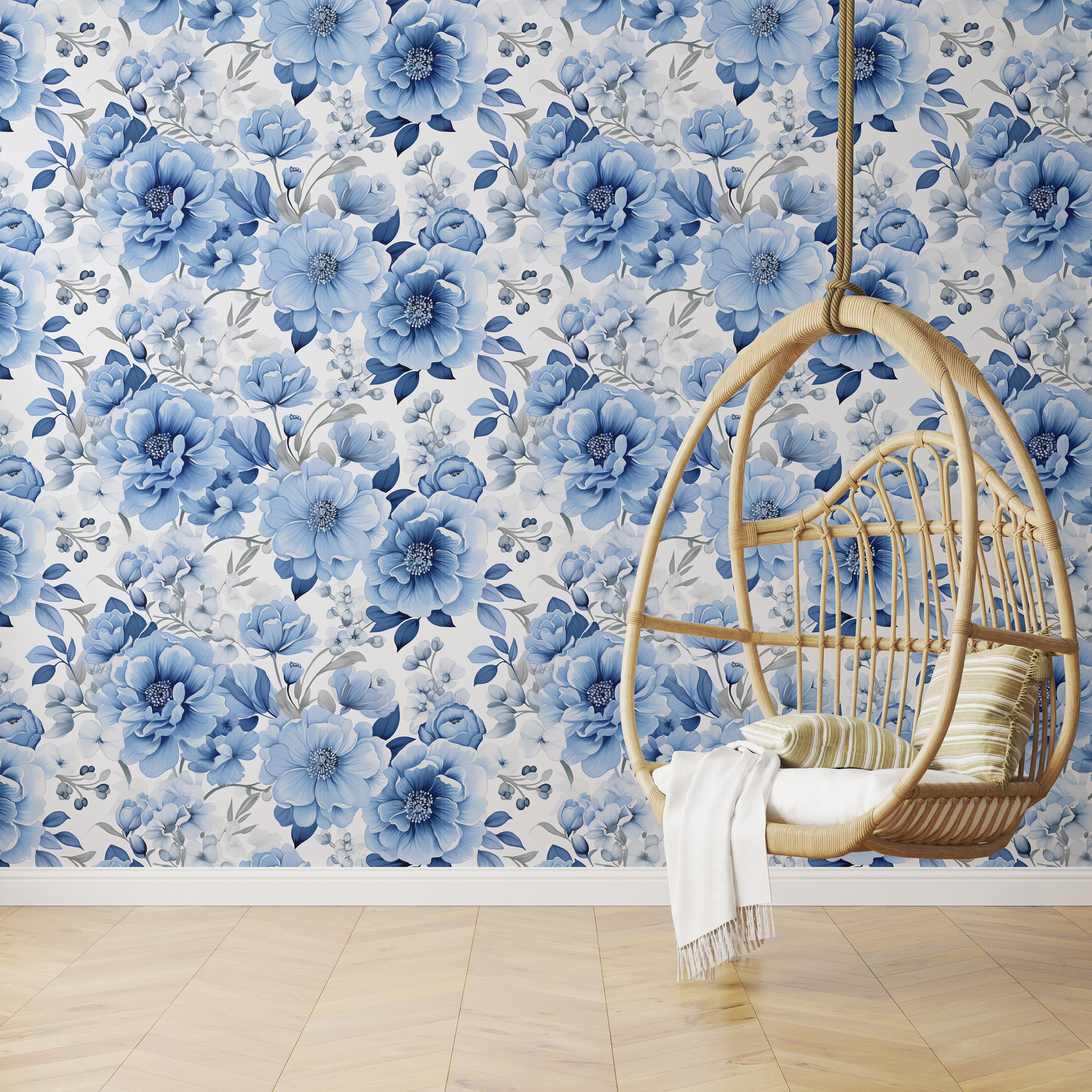 Blue Floral Wallpaper Peel and Stick Wallpaper Removable Traditional ...