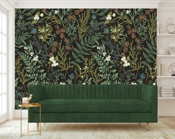 Dark Botanical Fern Wallpaper Peel and Stick Wallpaper Removable Traditional Pre-Pasted Self-Adhesive Exotic Vintage Dark Wallpaper FP314