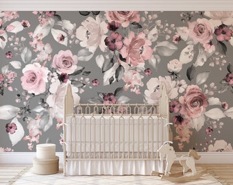 Floral Wallpaper Peel and Stick Wallpaper Removable Traditional Pre-Pasted Self-Adhesive Watercolor Roses Grey Pink Mural Flowers FP458