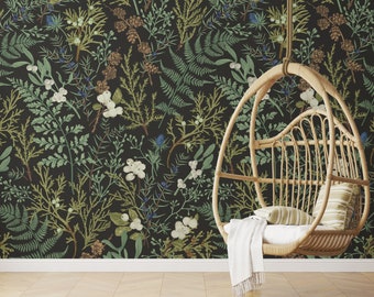 Dark Botanical Fern Wallpaper Peel and Stick Wallpaper Removable Traditional Pre-Pasted Self-Adhesive Exotic Vintage Dark Wallpaper FP314