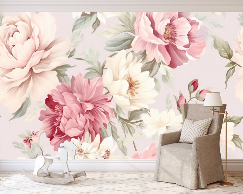 Peony Floral Mural Floral Wallpaper Nursery Accent Wall Peel and Stick ...