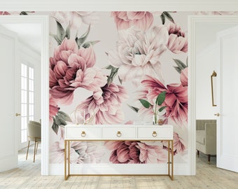 Pink Mauve Peonies Floral Wallpaper Girl Nursery Accent Wall Peel and Stick Wallpaper Removable Traditional Pre-Pasted Floral Mural FP445