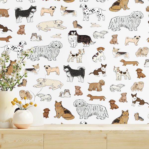 Mixed Breeds Dog Wallpaper Peel and Stick Wallpaper Removable Traditional Pre-Pasted Self-Adhesive Animal Dog Wallpaper FP805