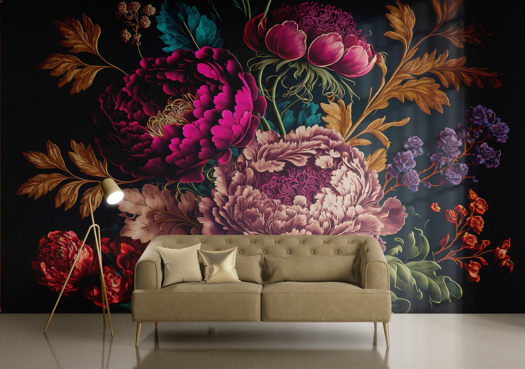 Floral Mural Peony Rose Floral Wallpaper Modern Accent Wall Peel and ...