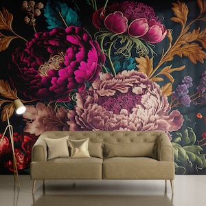 May include: A beige sofa with a floral wallpaper backdrop. The wallpaper features large pink, red, and purple flowers with green leaves on a dark background.