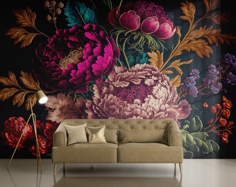 May include: A beige sofa with a floral wallpaper backdrop. The wallpaper features large pink, red, and purple flowers with green leaves on a dark background.