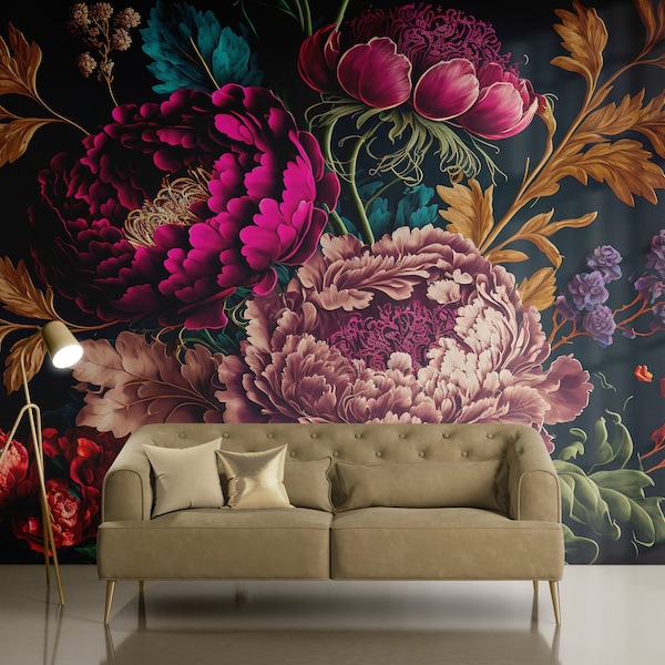 Floral Mural Peony Rose Floral Wallpaper Modern Accent Wall Peel and Stick Wallpaper Removable Traditional Pre-Pasted Self-Adhesive FP441