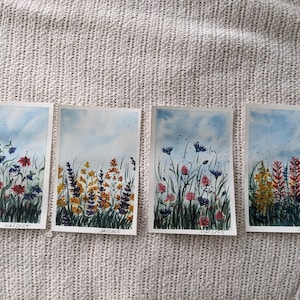 オリジナル水彩画、小さな絵画、4 x 6、野生の花の風景画、野生の花のフィールド、オリジナルアートワーク、オリジナルの風景