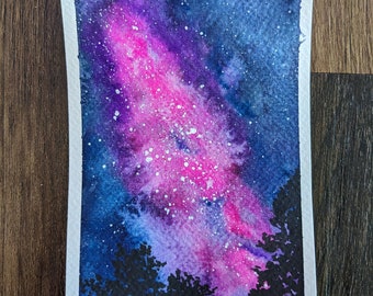 Aquarelle originale, petit tableau, 4 x 6, peinture de paysage nocturne, peinture galaxie, oeuvre d'art originale, paysage original