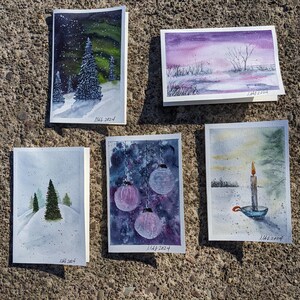 Cartões de Natal originais pintados à mão, cartões de Natal, arte original de cartões exclusivos, conjunto de 5, pintura de 4" x 6", cartões em branco incluem envelopes
