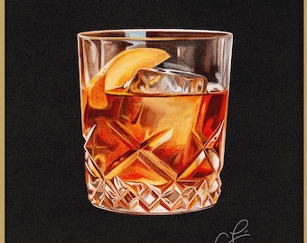 Old Fashioned Cocktail Watercolor Print: Linen Paper Bar Art