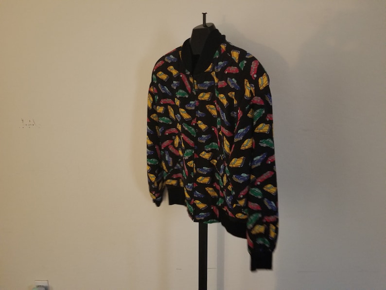 Vintage Adam Douglass With Adrianna Papell Size Large 1980s 100/% Silk Classic Car Print Design Zipper Down Long Sleeve Jacket With Pockets