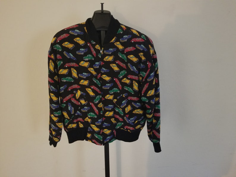 Vintage Adam Douglass With Adrianna Papell Size Large 1980s 100/% Silk Classic Car Print Design Zipper Down Long Sleeve Jacket With Pockets