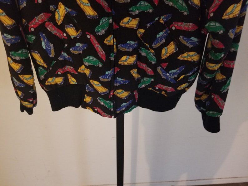 Vintage Adam Douglass With Adrianna Papell Size Large 1980s 100/% Silk Classic Car Print Design Zipper Down Long Sleeve Jacket With Pockets