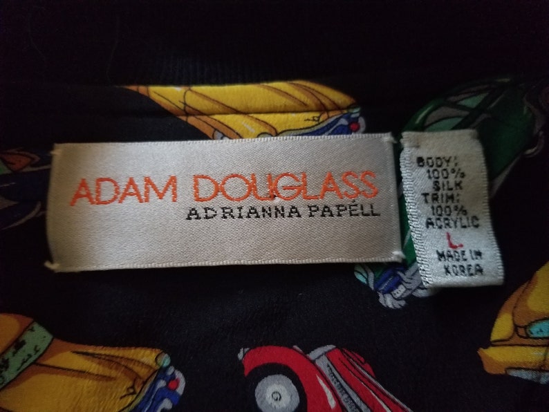 Vintage Adam Douglass With Adrianna Papell Size Large 1980s 100/% Silk Classic Car Print Design Zipper Down Long Sleeve Jacket With Pockets