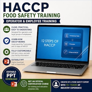 Puede incluir: Un portátil que muestra una presentación titulada 12 Steps of HACCP. La pantalla muestra un diagrama de 5 tareas preliminares, 7 principios y 12 pasos. El texto a la izquierda destaca la formación en seguridad alimentaria HACCP y PPT editable.