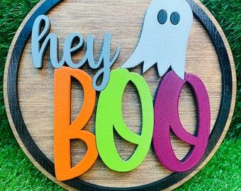 Hey Boo, Halloween round, decorative tray sign, home decor, Halloween decor, happy Halloween, ghost, boo, farmhouse decor