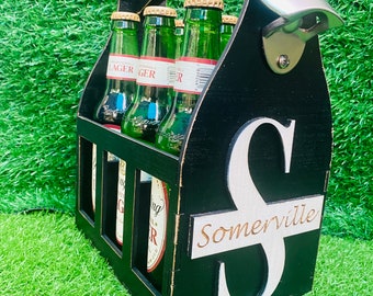 6 pk beer caddy, gift for dad, grandpa, groomsmen, uncle, brother, guy gifts, personalized, bottle opener, practical gifts, handmade