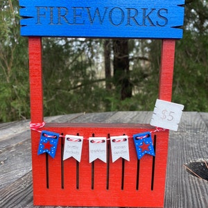 Wooden mini fireworks stand, bottle rockets, sparklers, Roman candles, tier tray decor, home decor, america, usa, 1776, red white blue