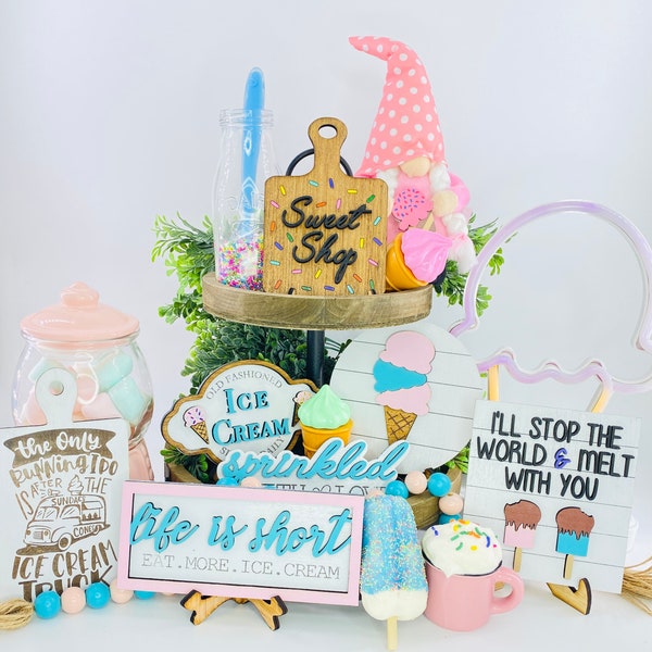 ice cream tier tray set, sweet shop,sprinkles, stop the world and melt with you, run after ice cream truck, gift for mom, Rae Dunn decor