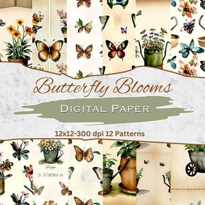 Butterfly & Blooms Digital Paper - Watercolor Floral Pattern - Printable JPG Digital Paper for all crafting needs - Instant Download