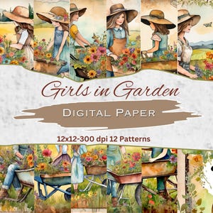 Girls in Garden Digital Paper - Watercolor Pattern - Enrich Your Moments - Scrapbooking - Crafting Needs - Instant Download