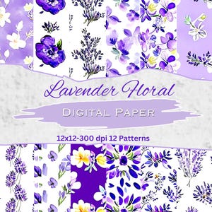 Papier numérique floral lavande - motif floral aquarelle - papier numérique JPG imprimable pour le scrapbooking - téléchargement immédiat