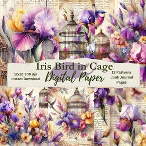 May include: Digital paper featuring watercolor illustrations of irises, birds, and birdcages. The design includes purple, yellow, and white flowers, with a vintage paper background. Text on the image reads "Iris Bird in Cage Digital Paper" and "12 Patterns Junk Journal Pages."
