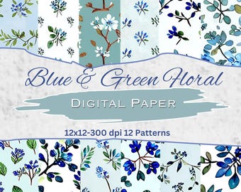 Blue & Green Floral Digital Paper – Watercolor Scrapbook Patterns (Instant Download)