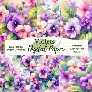 Violets Digital Paper - Watercolor Floral Pattern - Printable JPG Digital Paper for Scrapbooking - Instant Download