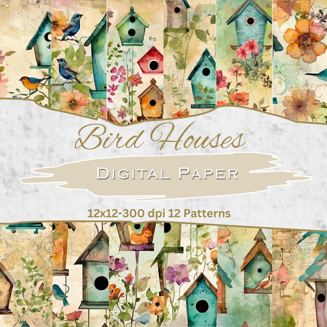 Bird House Digital Paper - Watercolor Pattern - Enrich Your Moments ...