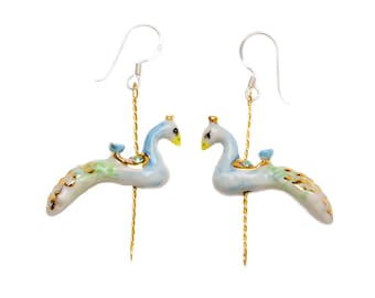 Handmade Porcelain Peacock Earrings: Sterling Silver Hooks, Gold & Silver Detail
