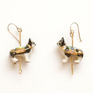 Merry Go Round Porcelain French Bulldog Drop Earrings/ Black and White Dog Earrings