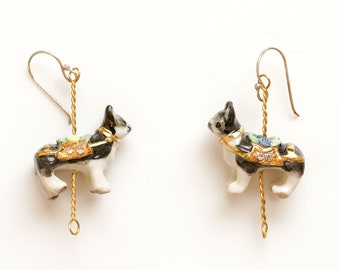 Merry Go Round Porcelain French Bulldog Drop Earrings/ Black and White Dog Earrings