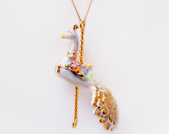 Porcelain Peacock Pendant Necklace, 24K Gold Accent, Swarovski Crystal