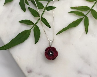 Porcelain Dark Red Poppy necklace/ Poppy Necklace/ Dainty necklace/ Porcelain jewellery/ Flower necklace/ Poppy Jewellery/ Gift for her