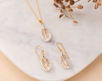 Gold Plated Sterling Silver Leaf Necklace and Earrings, Porcelain Jewelry Set, Bridal Jewelry