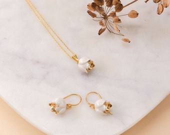 Lily of the Valley Jewelry Set: Porcelain Flower, Gold Plated Sterling Silver