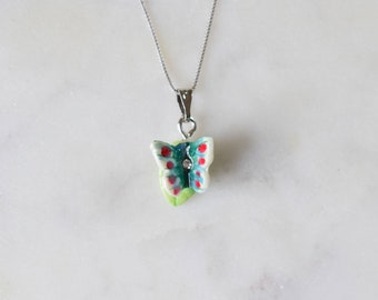 Handmade Porcelain Butterfly Pendant: Sterling Silver Necklace, Swarovski Crystal Detail