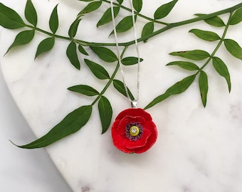 Porseleinen hanger rode klaproos met sterlingzilveren ketting/ketting klaproos/hanger klaproos/ klaproos/bloem ketting/geboorte nachtvlinder ketting