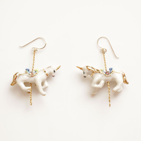 Merry Go Round Porcelain Unicorn Drop Earrings/ White Unicorn Dangle Earrings