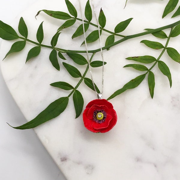 Porcelain Red Poppy pendant with sterling silver necklace/ Poppy Necklace/ Poppy Pendant/ Poppy/ Flower Necklace/ Flower Pendant/ Red Poppy