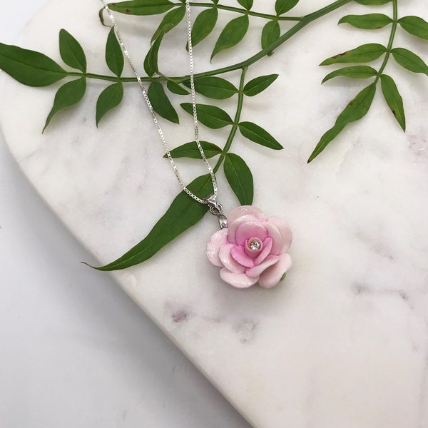 Porcelain Pink Rose pendant with sterling silver necklace/ Rose Necklace/ Rose Pendant/ Rose/ Flower Necklace/ Flower Pendant/ Pink Rose