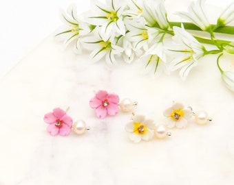 Handmade Porcelain Flower Earrings, Freshwater Pearl Drop, Sterling Silver Studs