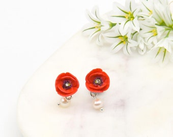 Porcelain Red Poppy Pearl Drop Earring/ Poppy earrings/ Red Flower Earrings/ Flower earrings/ Dainty earrings/ Flower Pearl Earrings