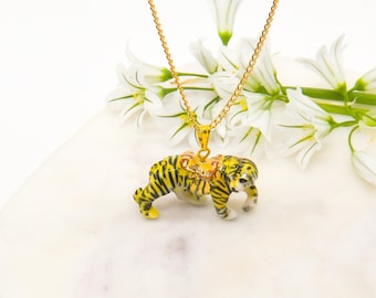 Colar com pingente de tigre de porcelana feito à mão, corrente banhada a ouro