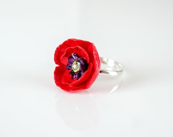 Porcelain Red Poppy Ring: Silver Plated, Adjustable Band