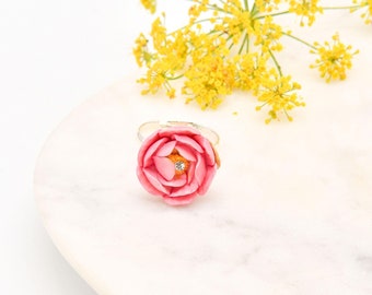 Anillo de peonía de porcelana pintada a mano, banda ajustable plateada